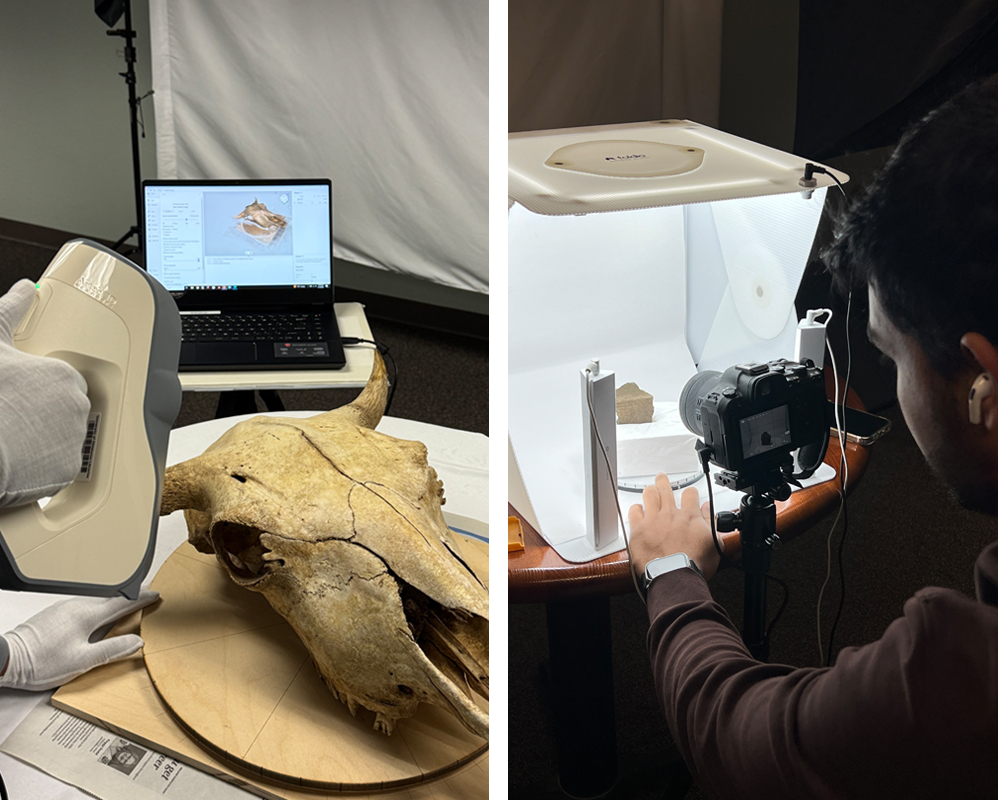 There are two photos in this image. The photo on left shows a hand holding a 3D scanning tool that is scanning an animal skull and the information is being translated to a graphic that appears on the screen of a laptop in the background. The photo on the right shows a man using a digital camera set up on a tripod to take a photo of a rock that is placed inside a white photo box.